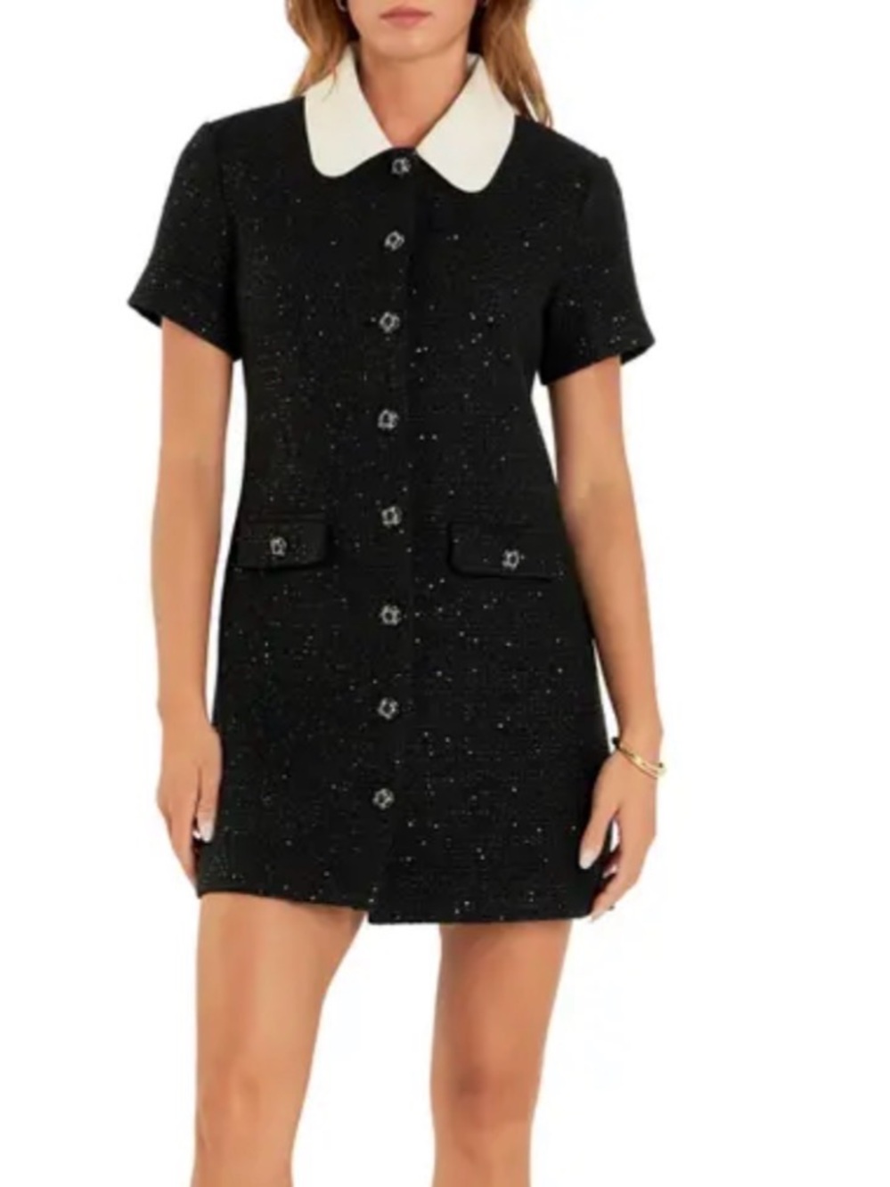 English Factory Black Tweed Sequin Short Sleeve Mini Dress with White Collar